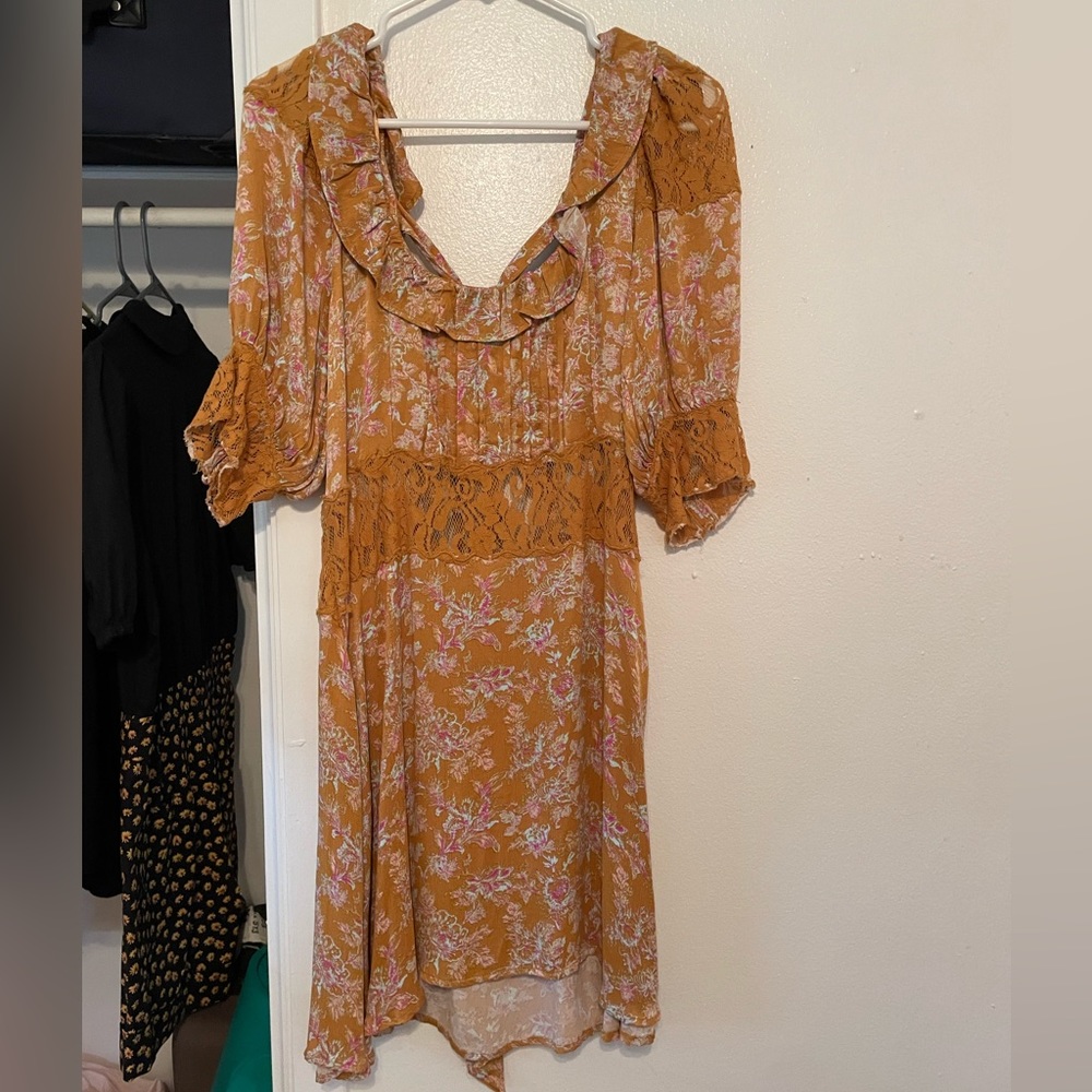 Free People  tan/mustard and pink floral lace dress